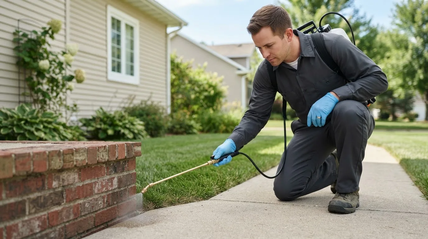 Pest control technician treating a home near Clayton Lake, ME
